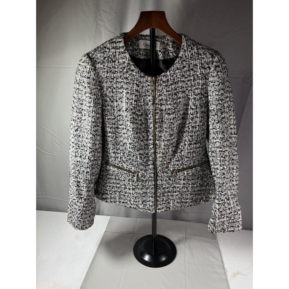 Calvin Klein Cropped Jacket 2 Wht/Blk Woven Zip Up Scoop Neck Pockets Size 8P
